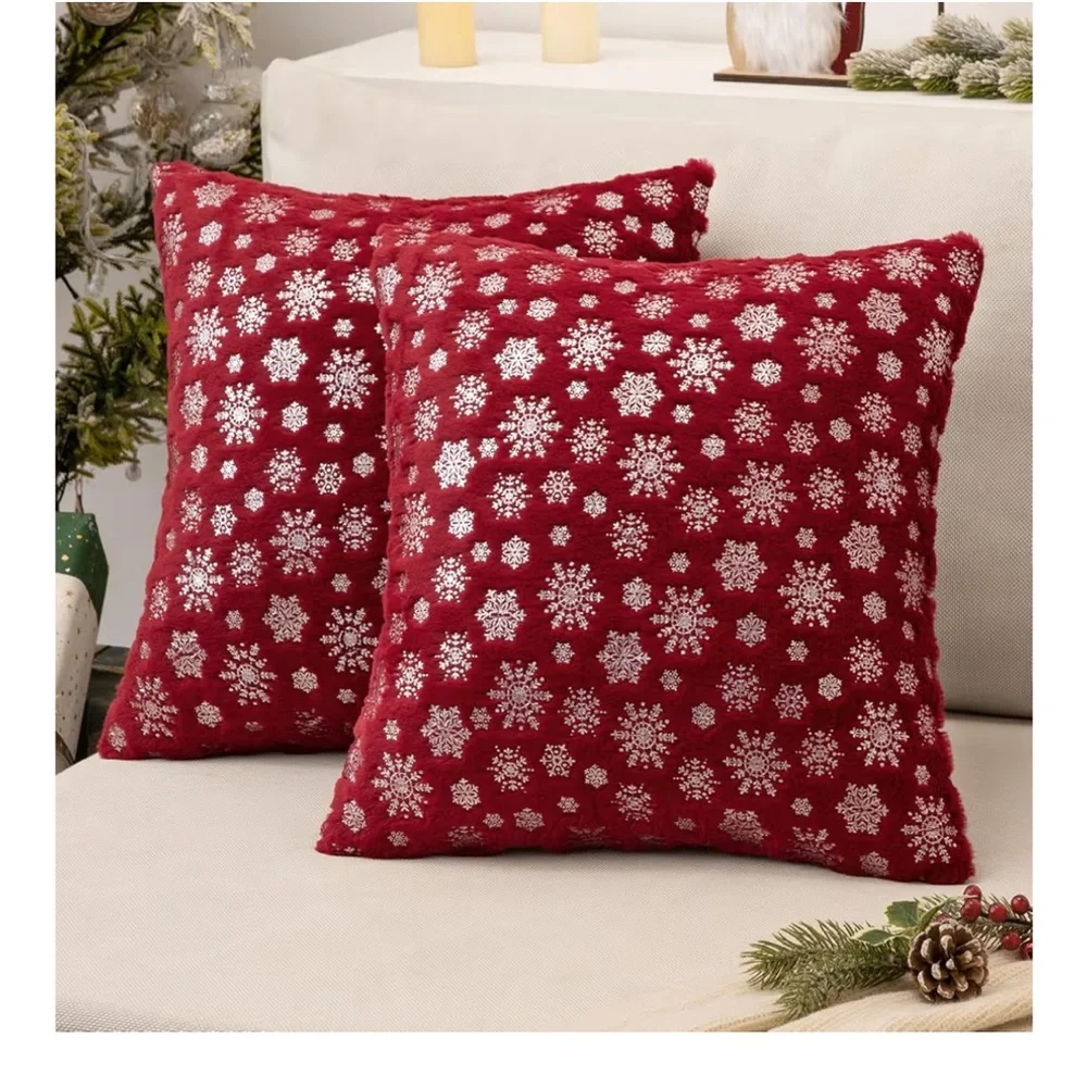 Snowflake Faux Fur SQUARE Pillow Covers RED/SILVER 18x18” (2-Pack)